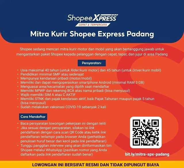Lowongan Kerja Mitra Kurir Shopee Express Padang