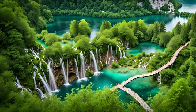 "Plitvice Lakes National Park in Croatia with cascading turquoise lakes, vibrant waterfalls, and lush greenery"