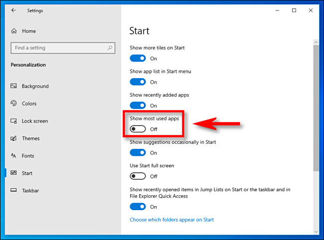 في إعدادات Windows 10 ، انقر فوق مفتاح "إظهار التطبيقات الأكثر استخدامًا" لإيقاف تشغيله
