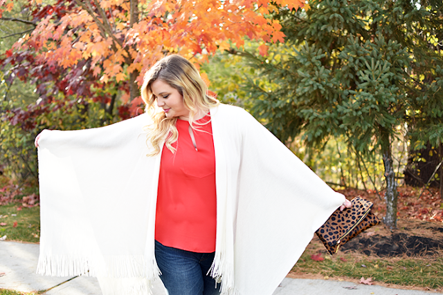 francescas cream fringe wrap j.crew red top and denim madly yours leopard clutch topshop lace up flats david yurman cable bracelets pearl double sided earrings