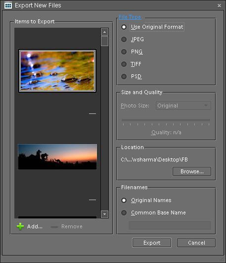 Posted by Ripple (VJ) : Preparing photographs for your Blog/Wesite by using Batch Processing in Adobe Photoshop Elements for resizing, renaming and exporting into new file-type: As discussed in last post we can also do batch processing in organizer for exporting low resolution files for my blog or website. I prefer this method when I don't need watermarks, because this mechanism does not support adding Watermarks.Lets come to the point and discuss how to do this. I will proceed with the workflow I prefer.1. SELECT YOUR FILES AND OPEN EXPORT DIALOGNormally I organize my similar or relevant photographs through Albums in PSE Organizer. I select my Album and it shows all the files in Organizer Image-well. Press CTRL+A to select all the files in album which I want to export. After Selection, Go to File > Export to New File(s). It will the dialog shown below: