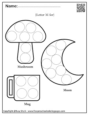 Letter M dot markers free preschool coloring pages ,learn alphabet ABC for toddlers