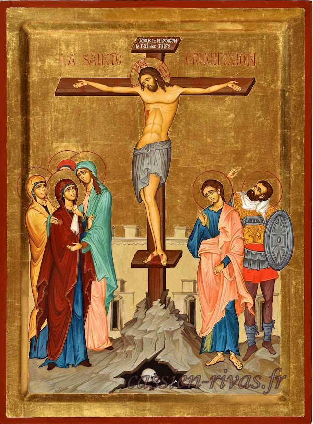 icône byzantine de la crucifixion de jésus christ, sainte myrophore et saint jean