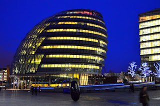 futuristic london city hall at night