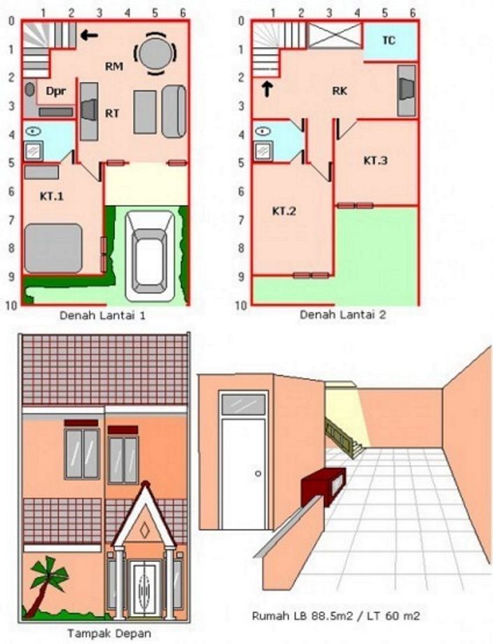 denah rumah sederhana 2 lantai menarik