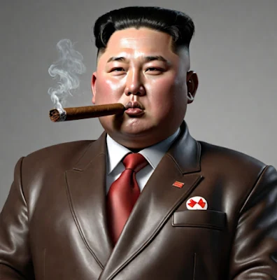 Wearing brown leather blazer from the waist up smoking a cigar Kim Jong of North Korea