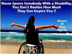 photo featuring woman in a wheelchair, facing the sea. text reads: 'never ignore someone with a disability, you don't realise how much they can inspire you. share if you agree'.