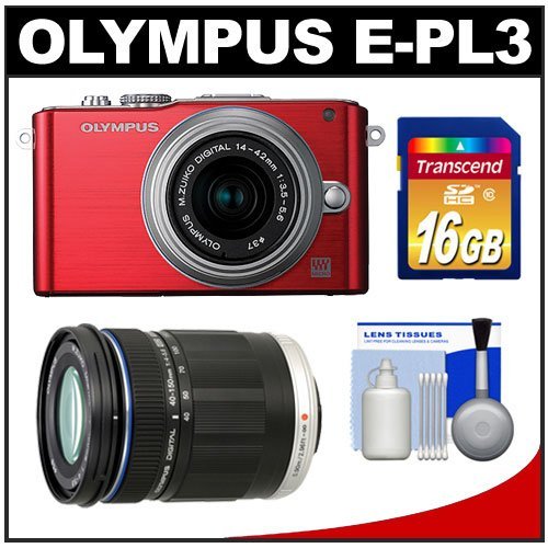 Olympus PEN E-PL3 Micro 4/3 Digital Camera  &  14-42mm II Lens (Red/Silver) with M.Zuiko 40-150mm Lens + 16GB Card + Cleaning Kit (Refurbished by Olympus)