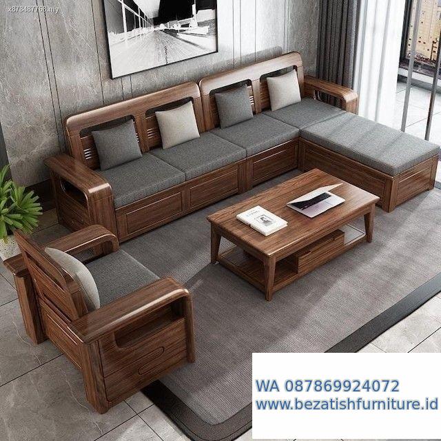 Sofa ruang tamu model minimalis kursi kayu jati L sudut mewah modern terbaru