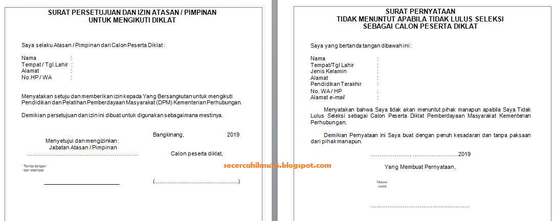 Contoh Surat Persetujuan Izin Dari Atasan Piman Dan Surat Pernyataan Tidak Menuntut Apabila Tidak Lulus Seleksi Secercah Ilmu