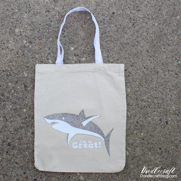 great white shark glitter iron on tote bag diy