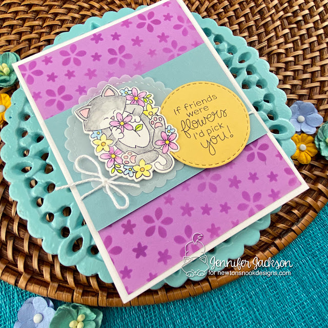 Kitty Friendship card by Jennifer Jackson | Newton's Flower Garden Stamp Set, Petitie Flowers Stencil and Circle Frames Die Set by Newton's Nook Designs #newtonsnook #handmade