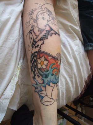 Calf Tattoo With Japanese Geisha Tattoo Design
