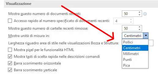 Scelta dell'unità di misura dal menu a discesa di Word