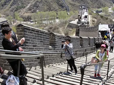 wood rails on stone path at Badaling Pass section of Great Wall in China