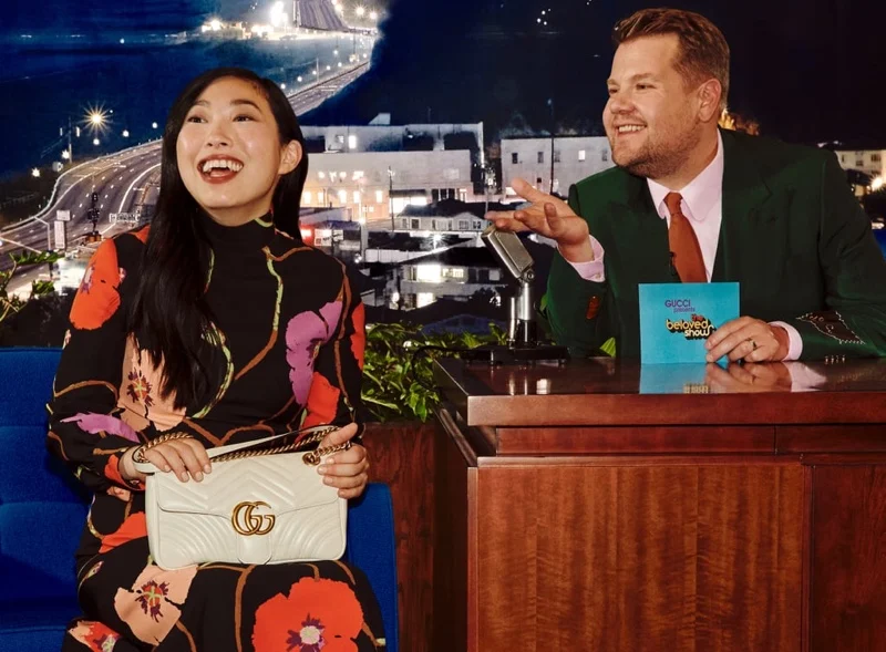 Awkwafina poses for Gucci Beloved Talk Show handbag campaign.