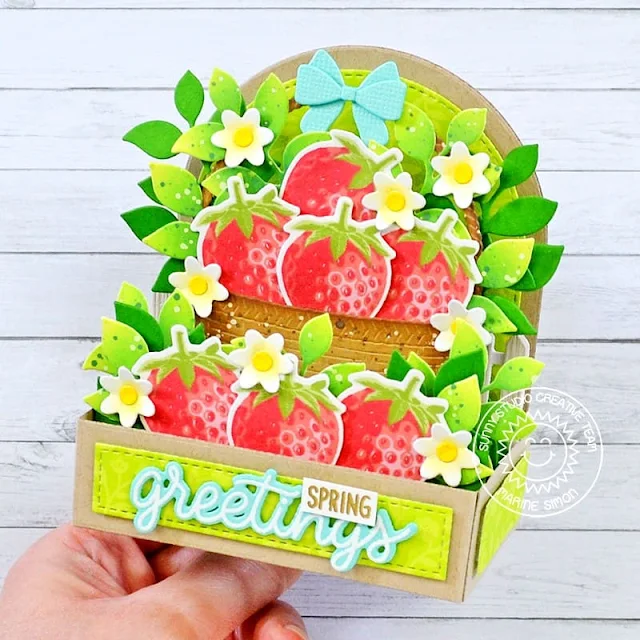 Sunny Studio Stamps: Wicker Basket & Berry Bliss Spring Themed Card by Marine Simon (featuring Spring Greenery Dies, Picket Fence Dies)