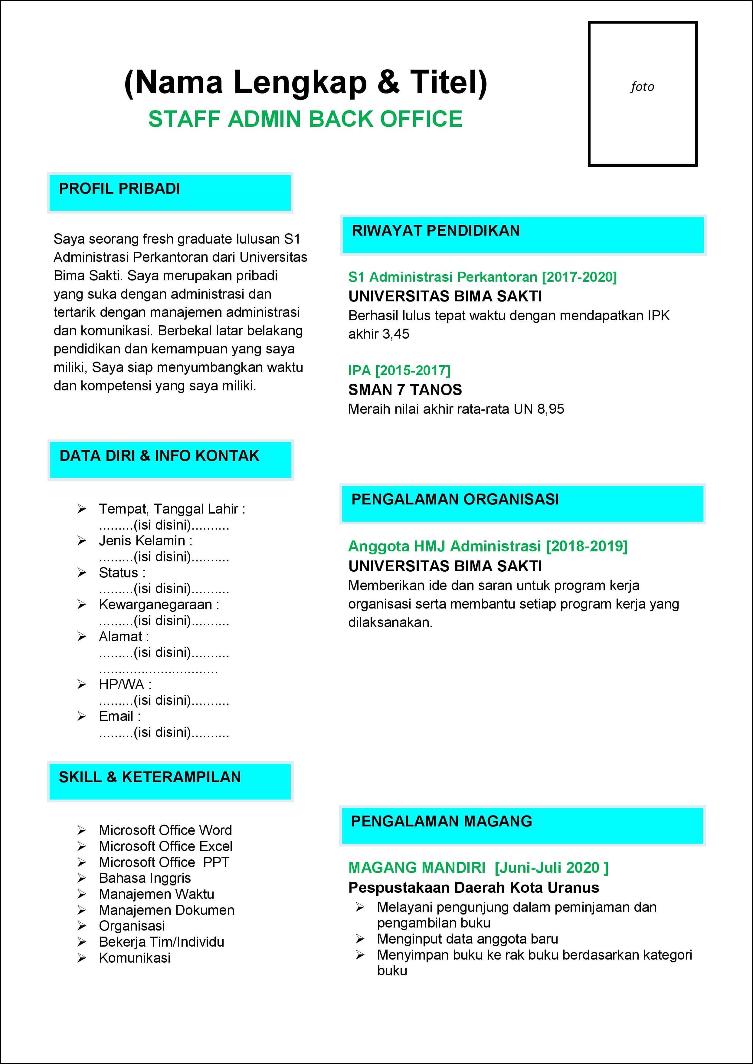 contoh 2 daftar riwayat hidup staff admin back office yang baru pertama kali melamar pekerjaan