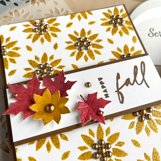 Hi Fall Card made with: Scrapbook.com sunflower stencil, autumn leaves die, pops of color gold glitter, hi fall stamp, craft scraper; Tim Holtz distress oxide fossilized amber; Pinkfresh matte gold pearls