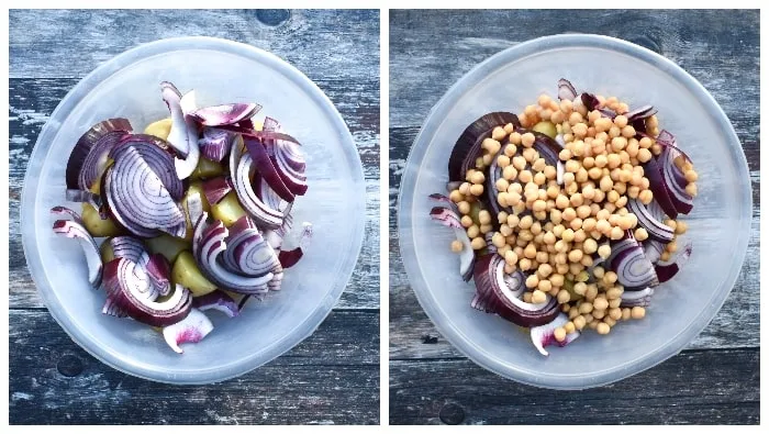 Balti Potato Bake - step 2 - red onions and cooked chickpeas added to the potatoes