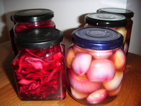 jars of homemade pickled shallots and red cabbage