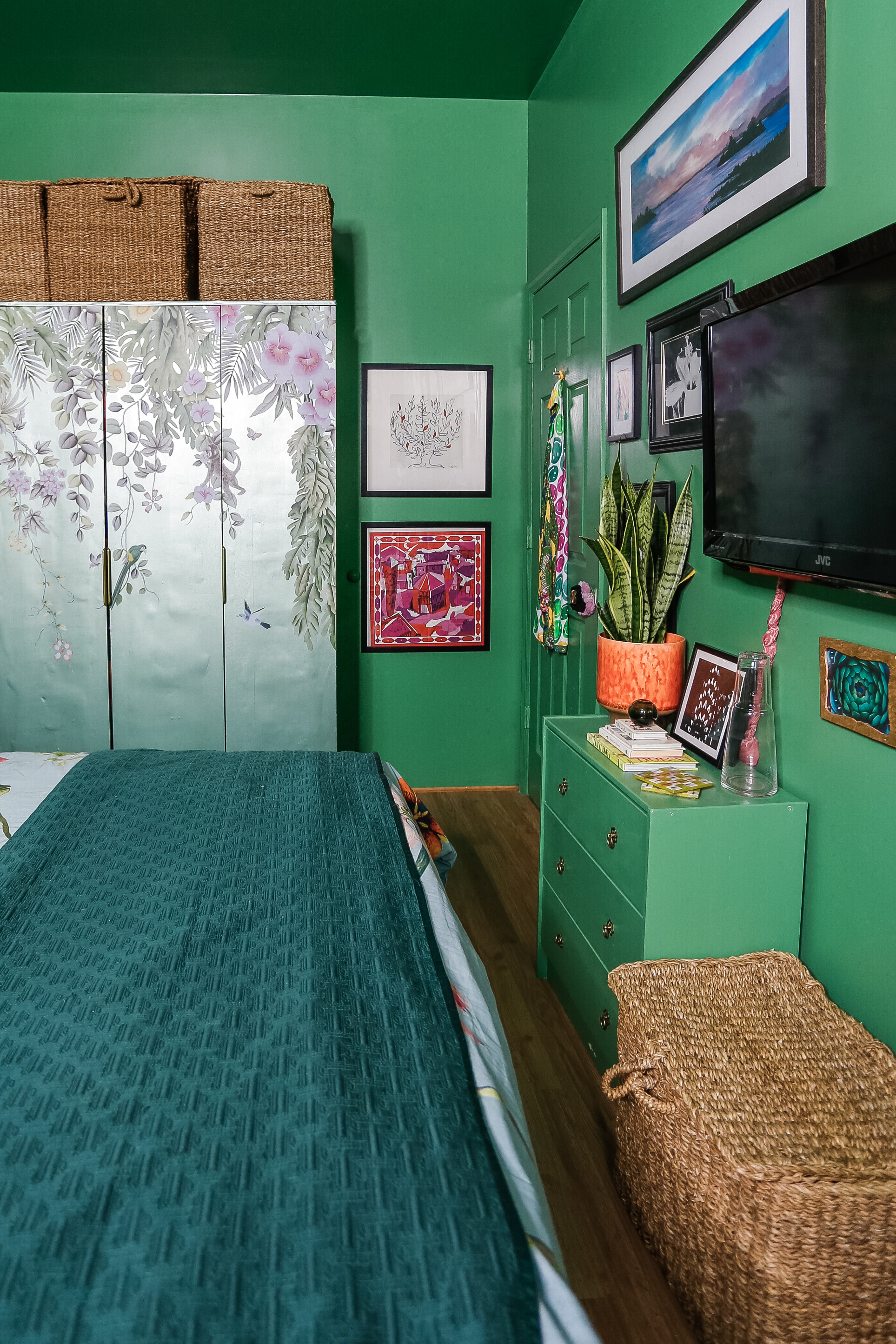 spring bedroom decor // green bedroom // moody bedrooms // colorful bedroom // green bedroom // Clare paint matcha latte // Ikea brimnes bed // floral bedding // green rooms // colorful green bedroom // bedroom decor // whimsy goth bedroom decor // floral bedroom // Ikea hacks // gallery wall ideas // bedroom inspiration // green bedroom inspiration