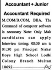 Nishat Boys High School Accounting Jobs 2023
