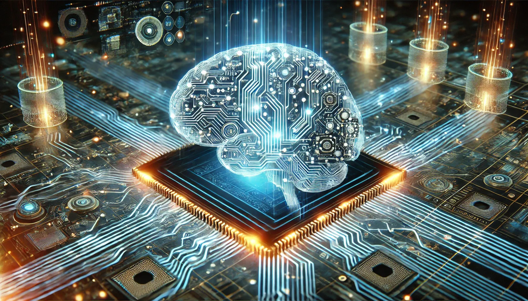Ilustração conceitual de inteligência artificial apresentando um cérebro brilhante formado por circuitos interconectados e redes neurais. Ao redor, fluxos de dados digitais representam o processamento de informações por máquinas e algoritmos de aprendizado. O fundo possui um design tecnológico abstrato, simbolizando inovação e automação.