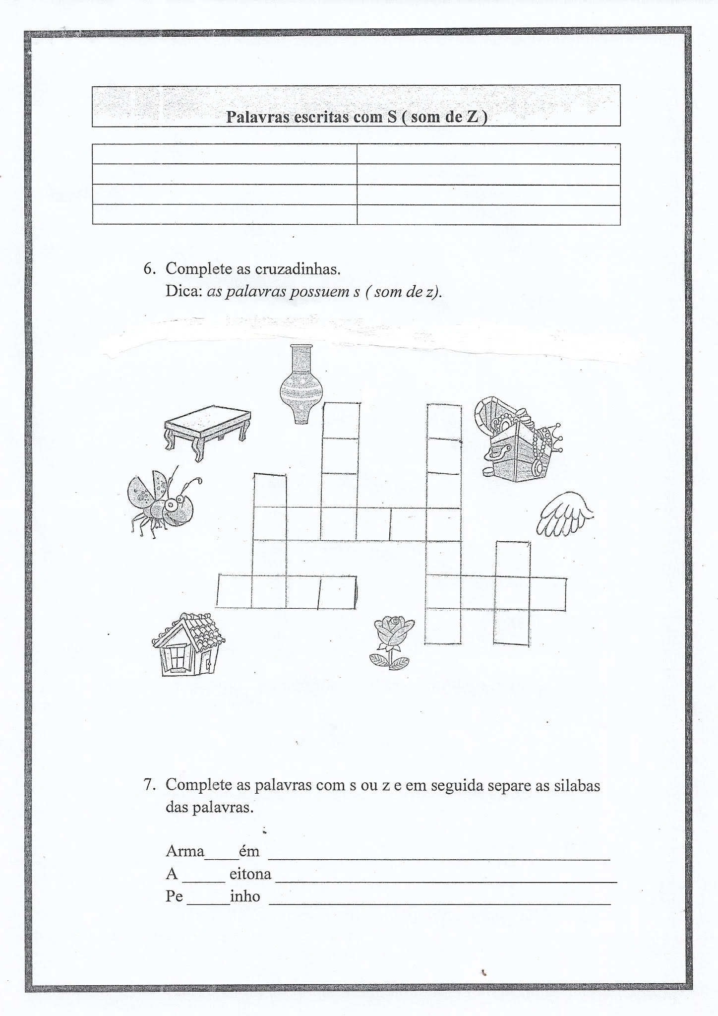 Atividade de Português: ortografia da letra Z e S com som de Z