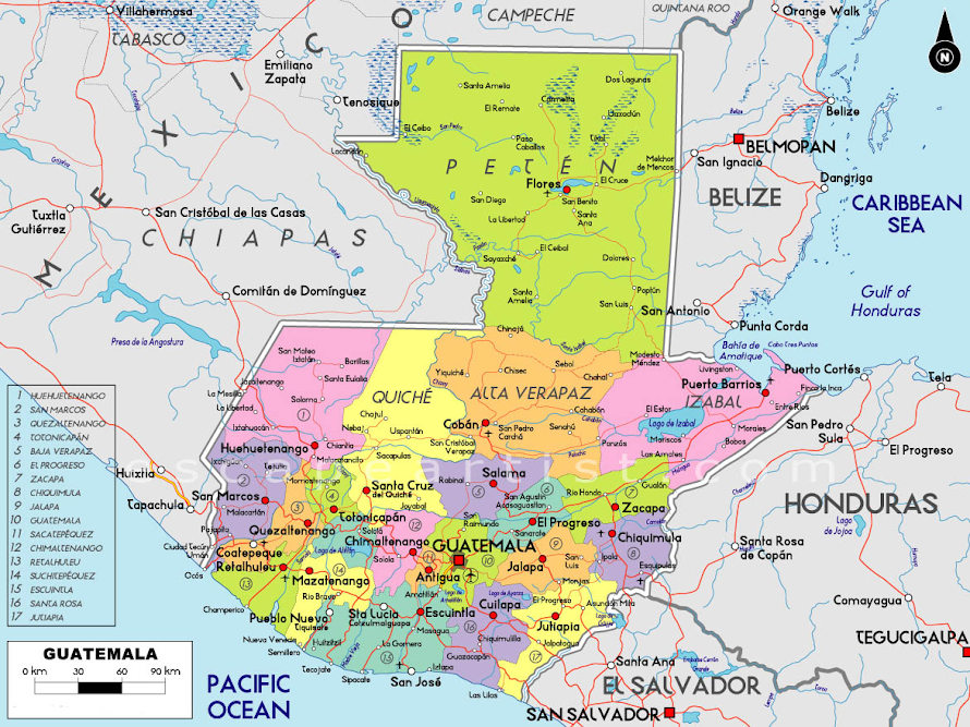 Map of Guatemala; Huehuetenango is shown in pink in the far western/northern part