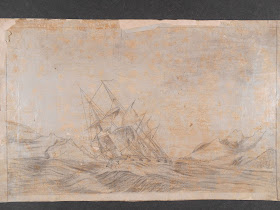 A pencil drawing of a ship at sea.