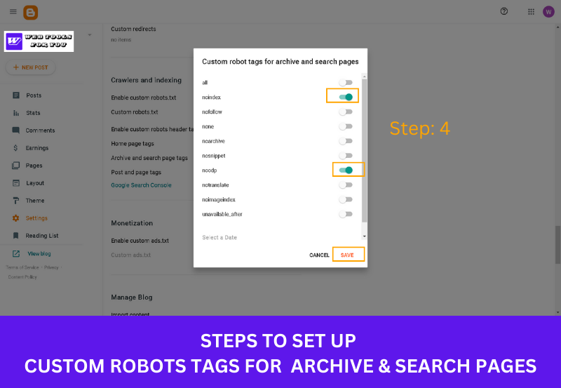 steps to setup robots tags for archive and search pages