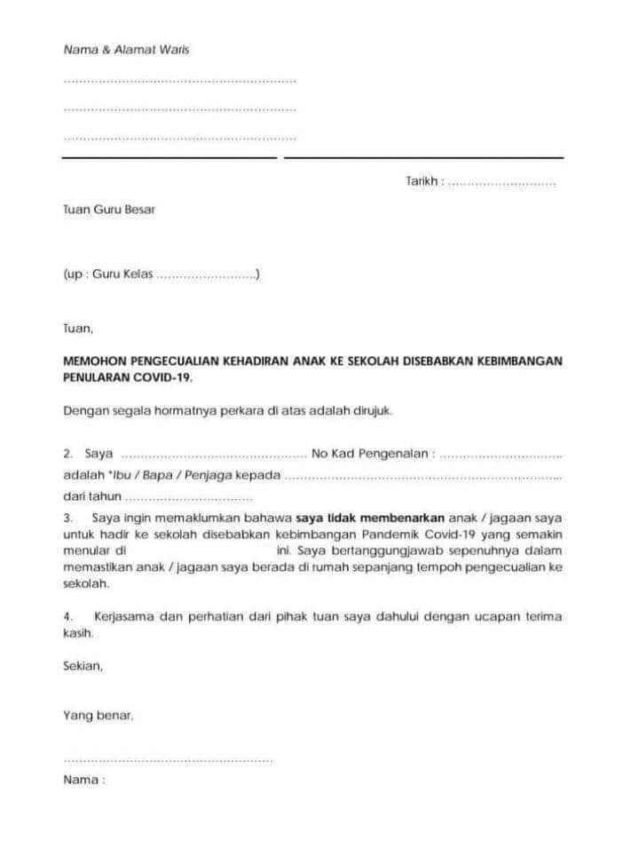 Contoh Surat Pengecualian Hadir Ke Sekolah Disebabkan Kebimbangan Penularan Covid 19