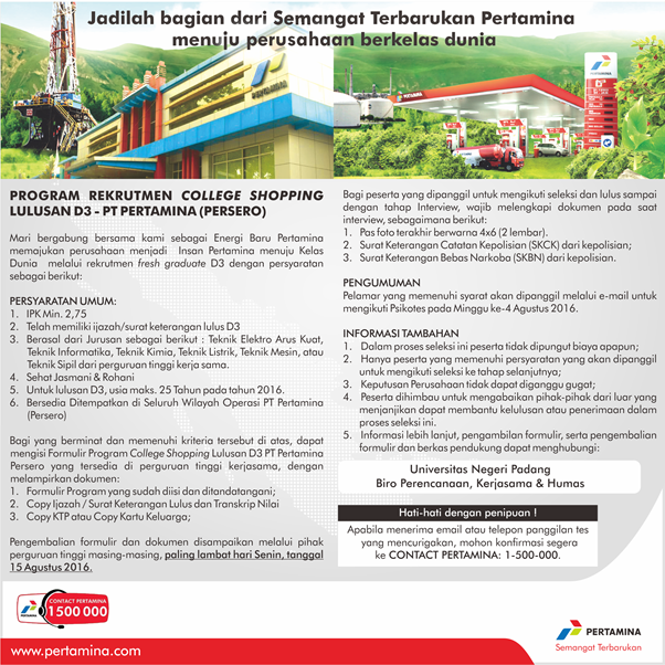 Rekrutmen College Shopping Pertamina Agustus 2016