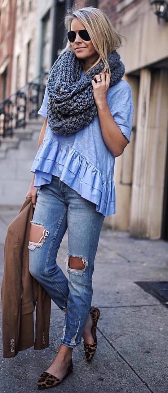 how to style a knit scarf : blue top + brown jacket + ripped jeans + printed loafers