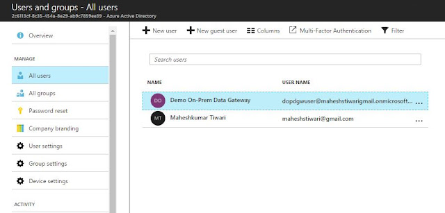 On Premises Data Gateway select user