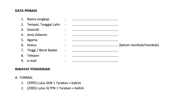 Contoh Daftar Riwayat Hidup Belum Punya Pengalaman Kerja 