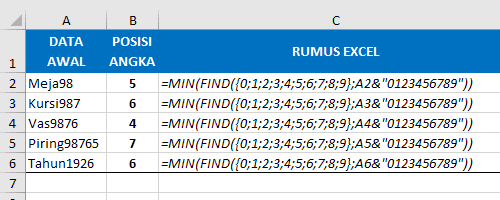 Rumus Excel Mendapatkan Posisi Angka Pertama