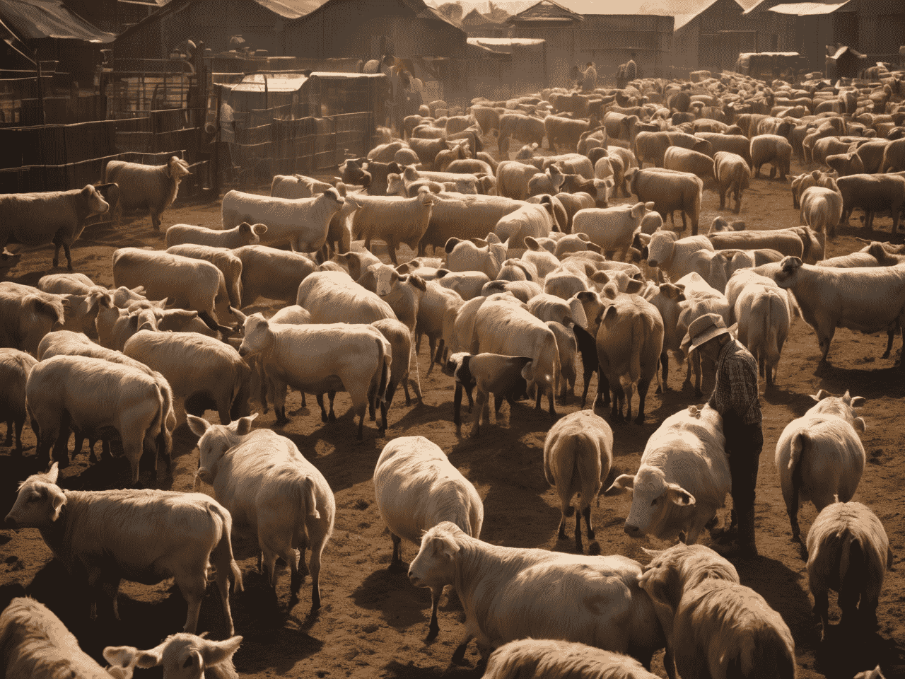 Image: Farmers managing livestock in an intensive farming environment."