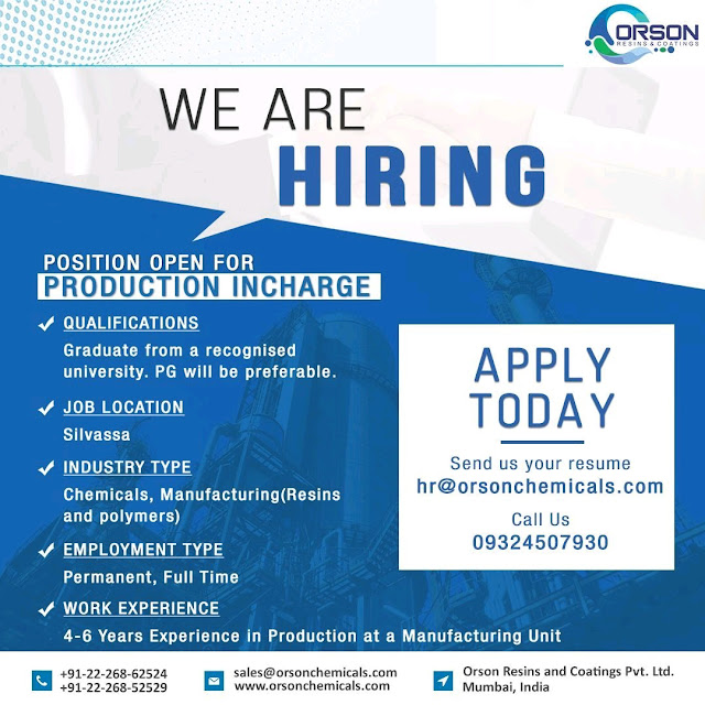Job Availables, Orson Chemicals Job Vacancy For Production Incharge