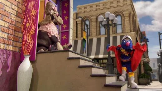 Sesame Street Episode 4279. Super Grover 2.0 appears on the scene to help a cow.