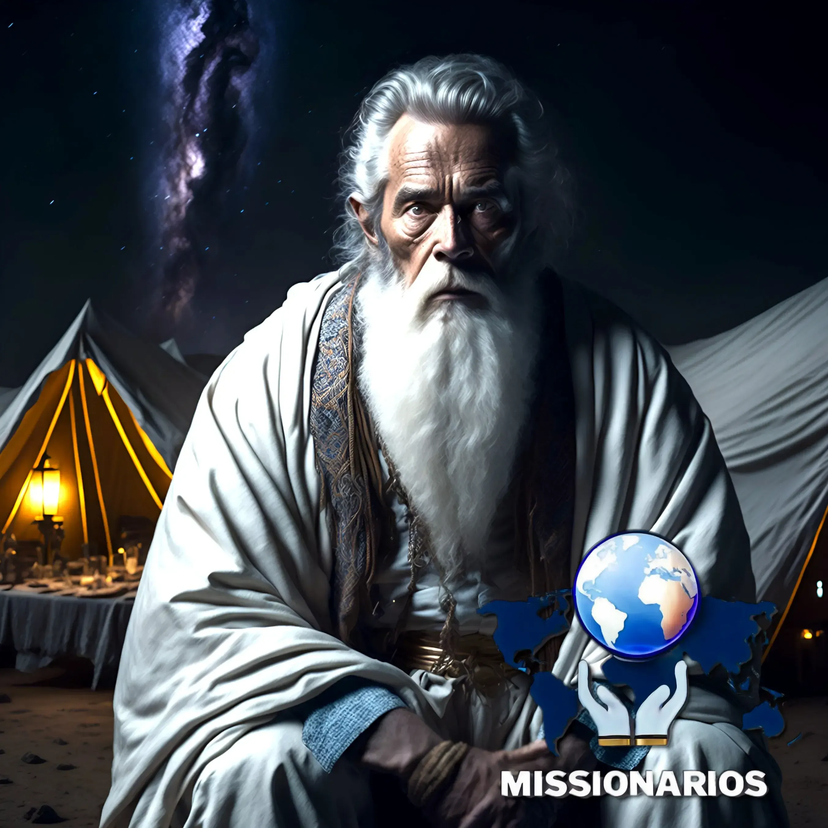 A imagem mostra uma representação de Abraão com grandes barbas brancas, usando uma túnica da época, ao fundo vemos uma tenda, iluminada por um lampião, com uma mesa farta, simbolizando a sua hospitalidade, no céu noturno vermos uma constelação de estrelas.