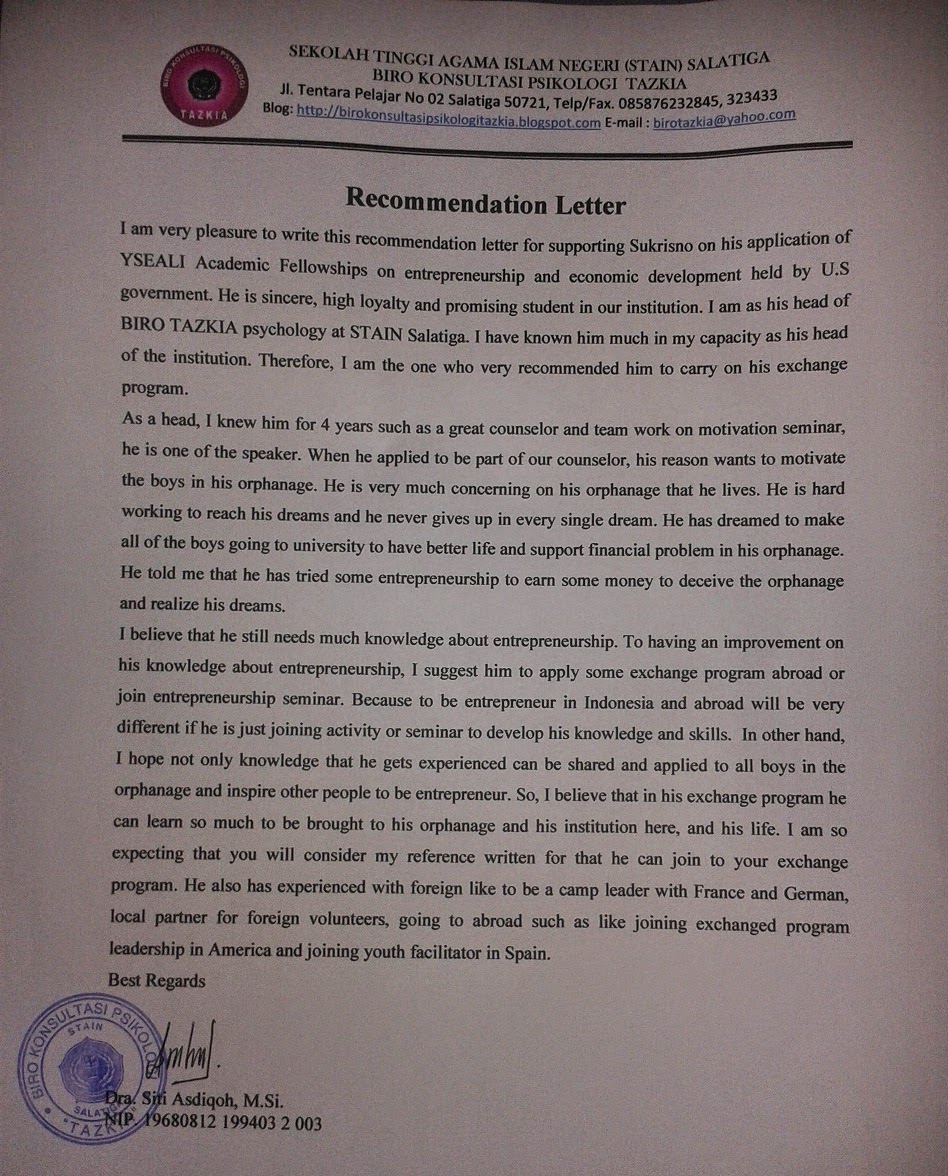 Surat Rekomendasi/Recommendation Letter/Reference Letter 