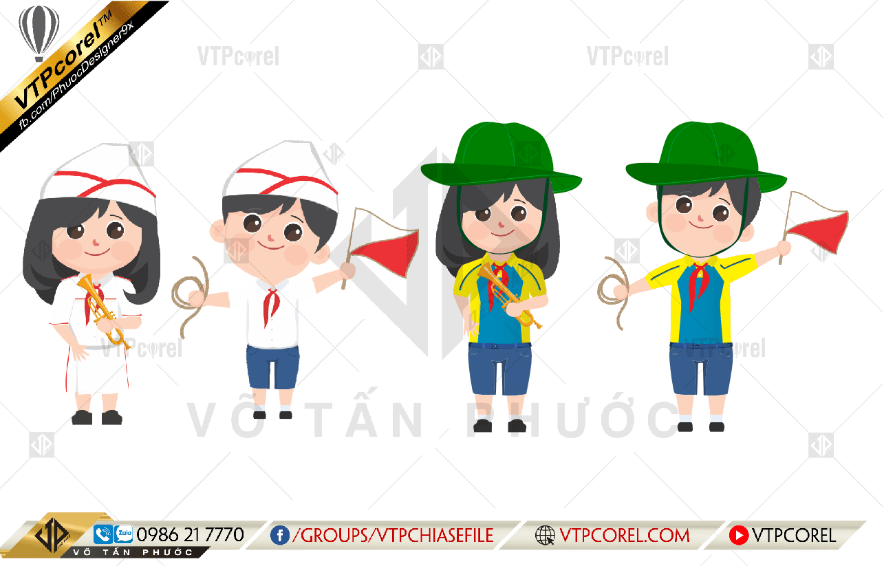 Chibi đội trẻ em cầm cờ và dây CDR12