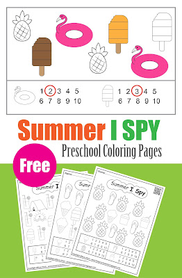 Summer I spy game free printable preschool coloring pages , pdf file or jpg , learn to count from 1 to 10 for kids