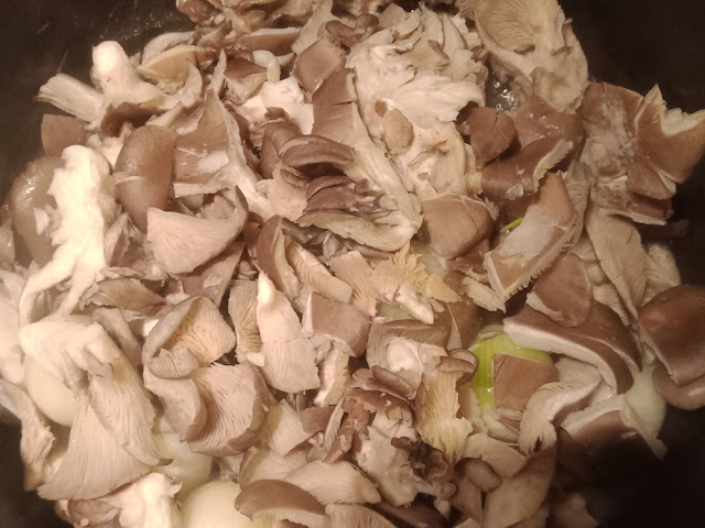 Cooking cultivated oyster mushrooms. Photo by Loire Valley Time Travel.