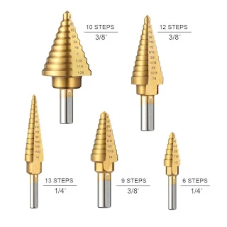 6pcs HSS Titanium Coated Step Drill Bit Set Cone Drill Bit Hole Cutter Drilling Tool hown - store