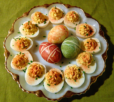 Platter of Deviled and Dyed Eggs