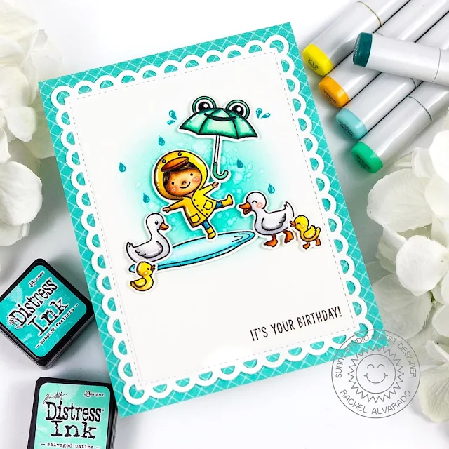 Sunny Studio Stamps: Puddle Jumpers Birthday Card by Rachel Alvarado (featuring Frilly Frame Dies)