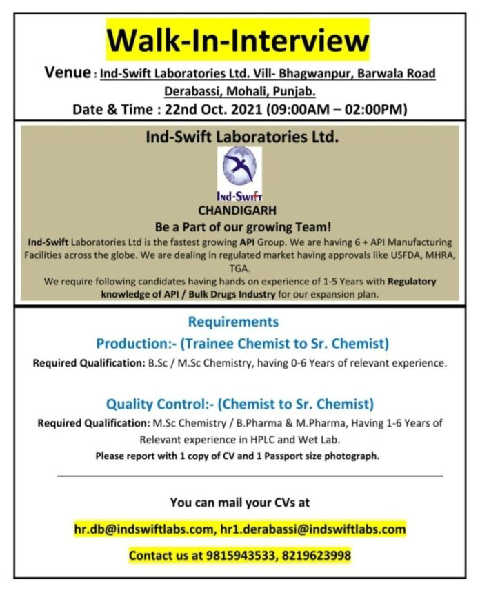 Job Availables,Ind-Swift Laboratories Ltd. Walk-In-Interviews For B.Sc/ M.Sc Chemistry/ B.Pharma/ M.Pharma